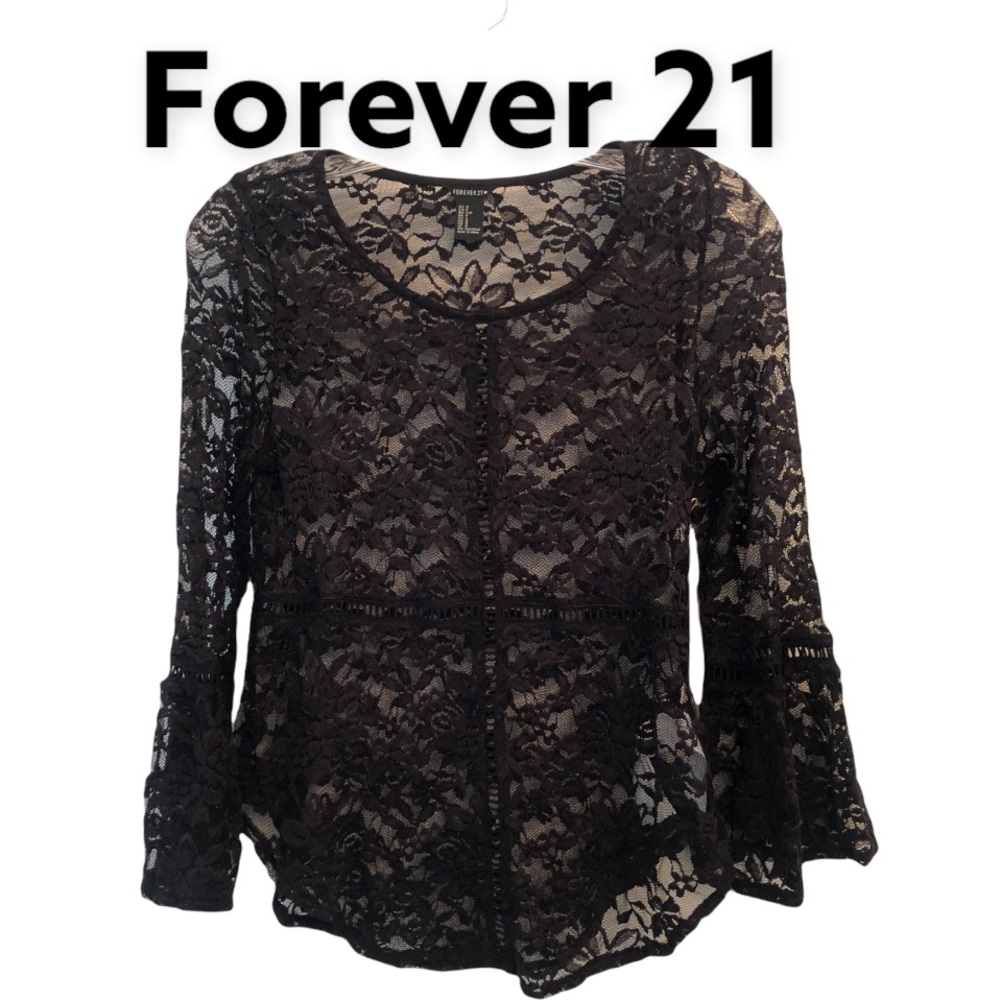 Forever 21 Lacey Black Bell sleeve Pullover Top S NWT